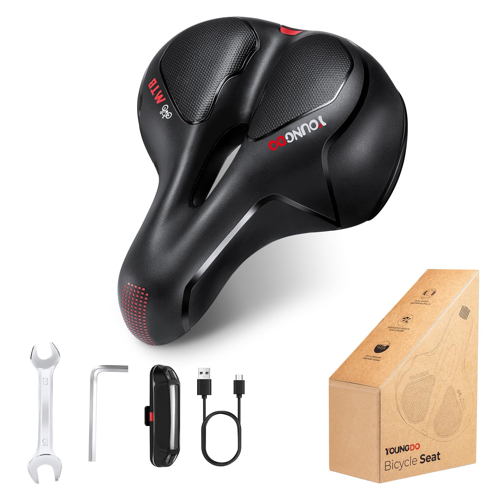 YOUNGDO Sella Bici Comoda, Sella Bici con Luce Posteriore, Sellino Bici Morbido, Ergonomica, Uomo Donna Sella Bicicletta, Impermeabile, per Cyclette/City bike/Montain Bike/Ebike