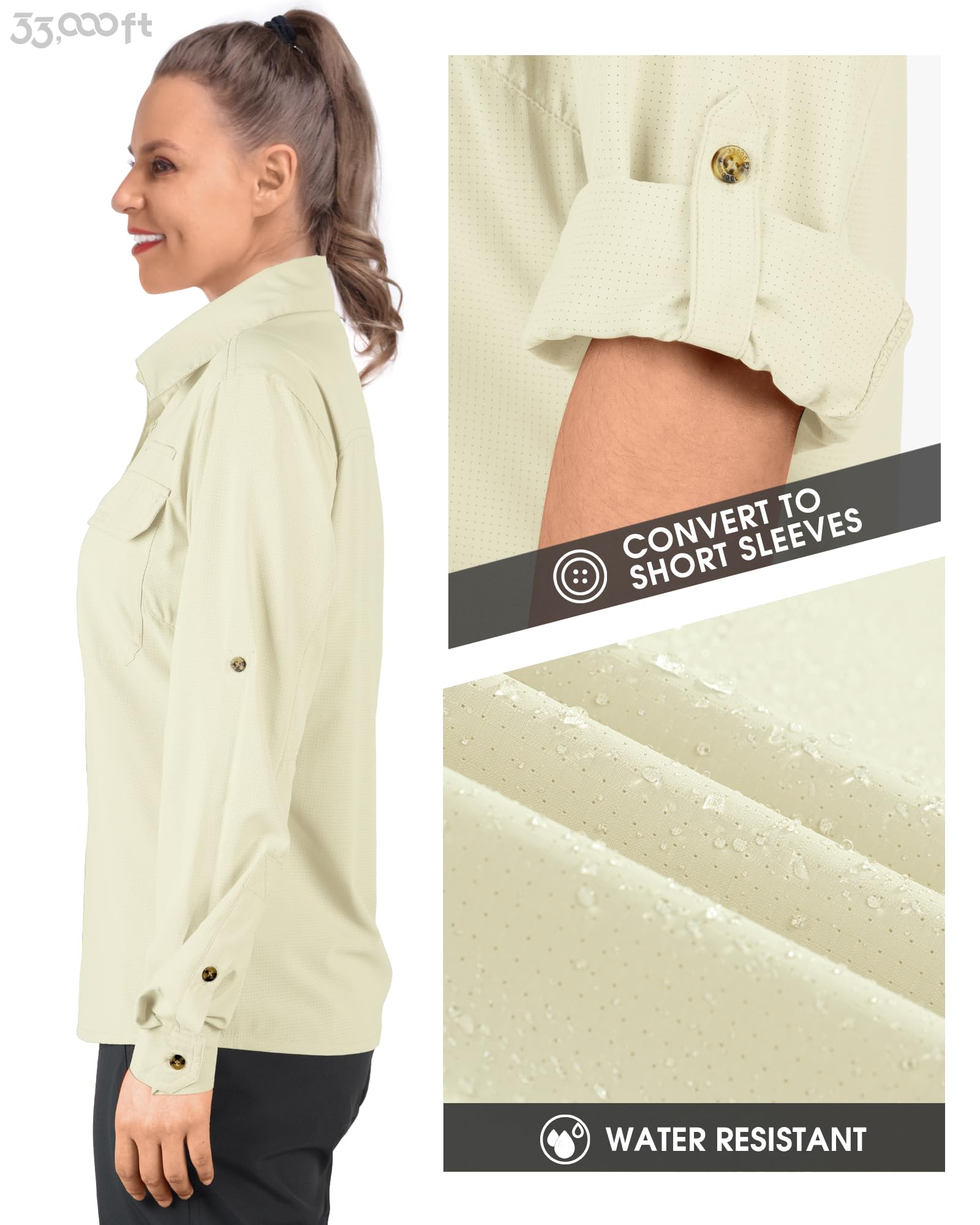 33,000ft Camisa para mujer UPF50+ con protección UV, de secado rápido, para tiempo libre, manga larga, para senderismo, pesca, safari, viajes, golf, amarillo claro, XL