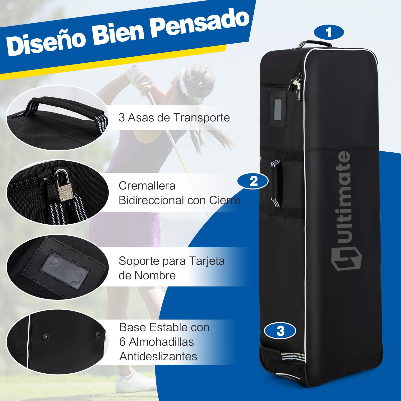 COSTWAY Bolsa de Viaje de Golf con Ruedas, Tejido Oxford Resistente con Tarjetero, Cremallera de 2 Vías y Cerradura, Funda de Viaje Plegable y Portátil para Palos de Golf con Asas