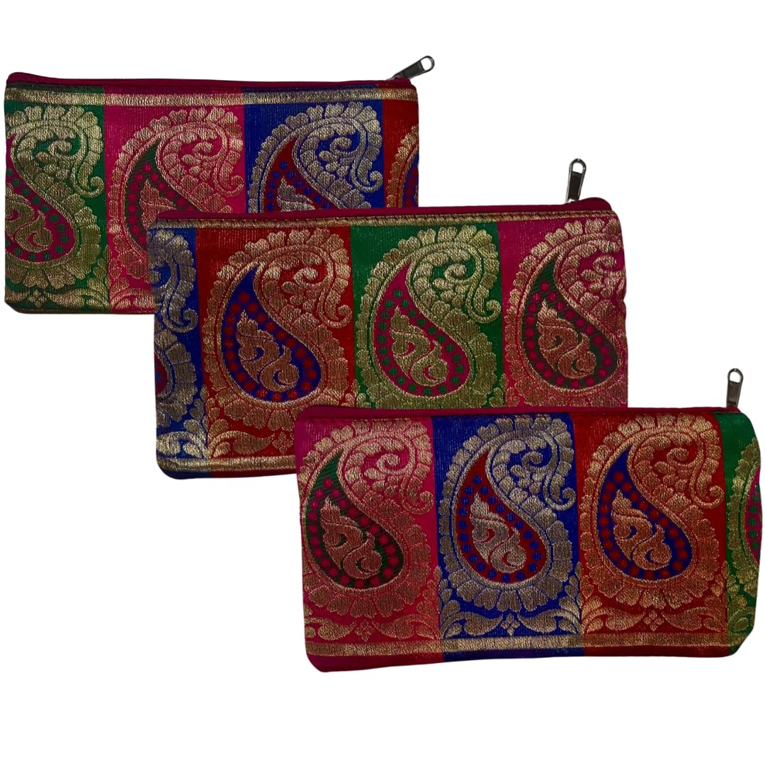 Premium Zari Design Zipper Pouch | Multi-Colour | Set of 3 | Ethnic Wedding Gift, Makeup, Coin & Travel Organizer