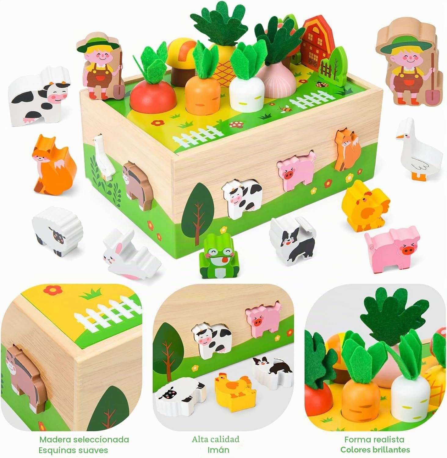 Montessori Juguete de madera para niños de 1, 2 y 3 años, juego de granja con animales y verduras, regalo para niñas y niños