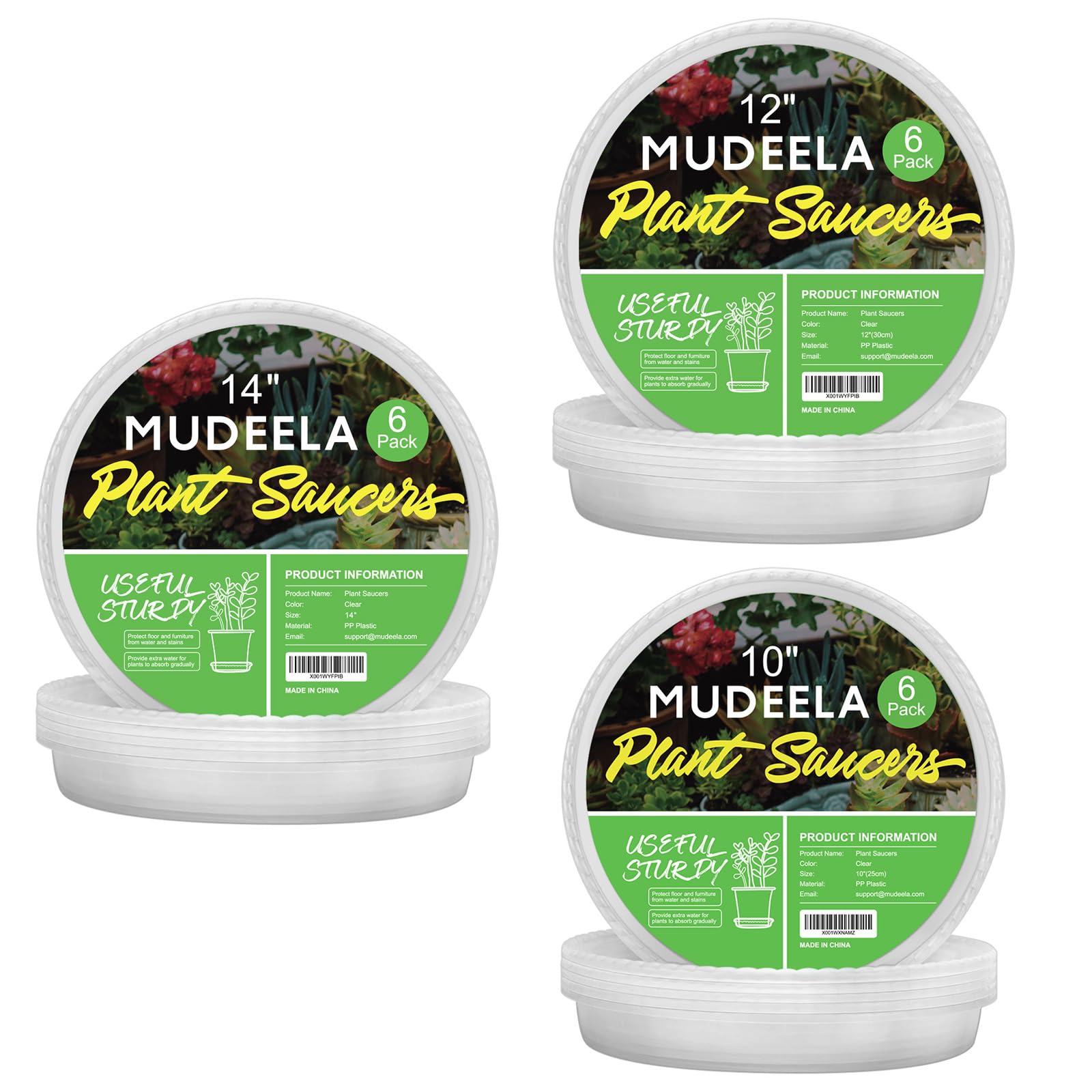 MUDEELA 10" Plant Saucers 6 Pack, 12" Plant Saucers 6 Pack and 14" Plant Saucers 6 Pack, Total 18 Pack
