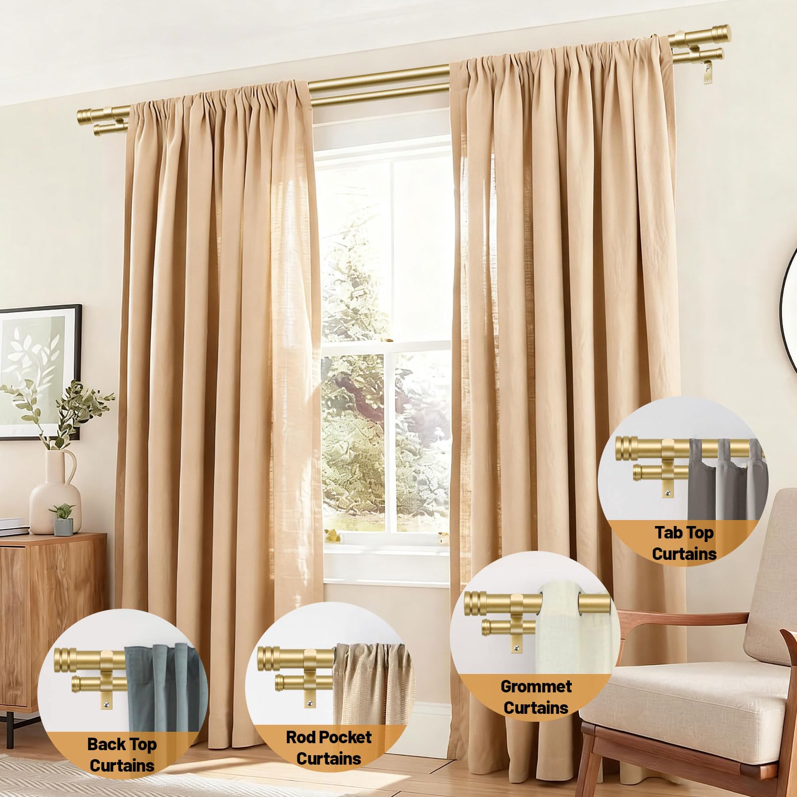 TONIAL Bastone per tende doppie da 1 pollici per finestre da 167 a 300 cm, resistente, decorativo, da 32 a 344 pollici, con terminale classico, oro