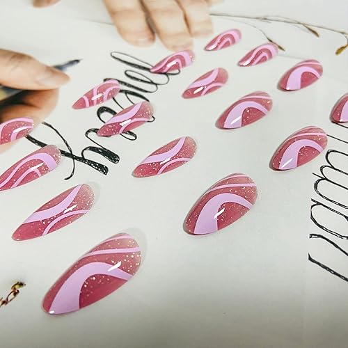 Miniatura 5 de Uñas postizas a presión de longitud media con diseño de remolino rosa almendra con diseños de brillantina, uñas postizas de cobertura completa, uñas