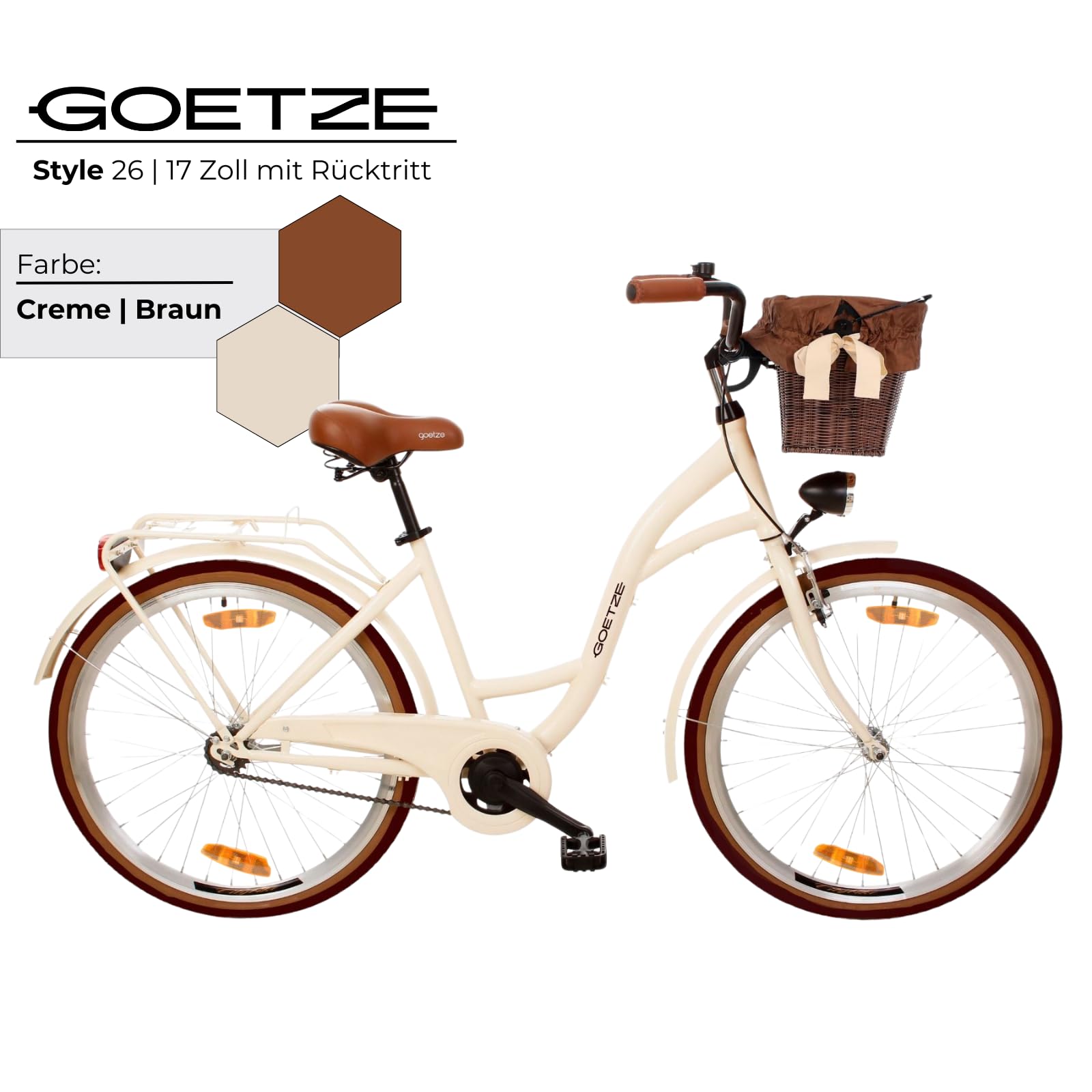 Goetze Style 26 Zoll Damen Citybike, 17 Zoll Tiefeinsteiger Rahmen, 1-Gang Rücktrittbremse, V-Bremse vorne, LED-Beleuchtung, Gepäckträger, Rattankorb, Komfortsattel, mit Ständer & Klingel