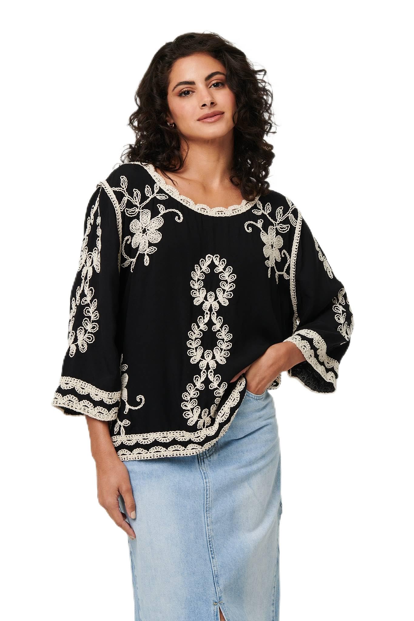 Izabel London Floral Embroidered Blouse - Black - 3/4 Sleeve - Scoop Neck - Lace Trim - Relaxed Fit