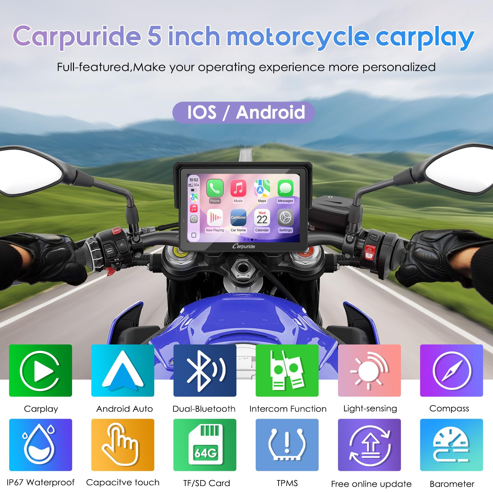 CARPURIDE W502TPRO Écran CarPlay Moto 5" Android Auto TPMS Bluetooth