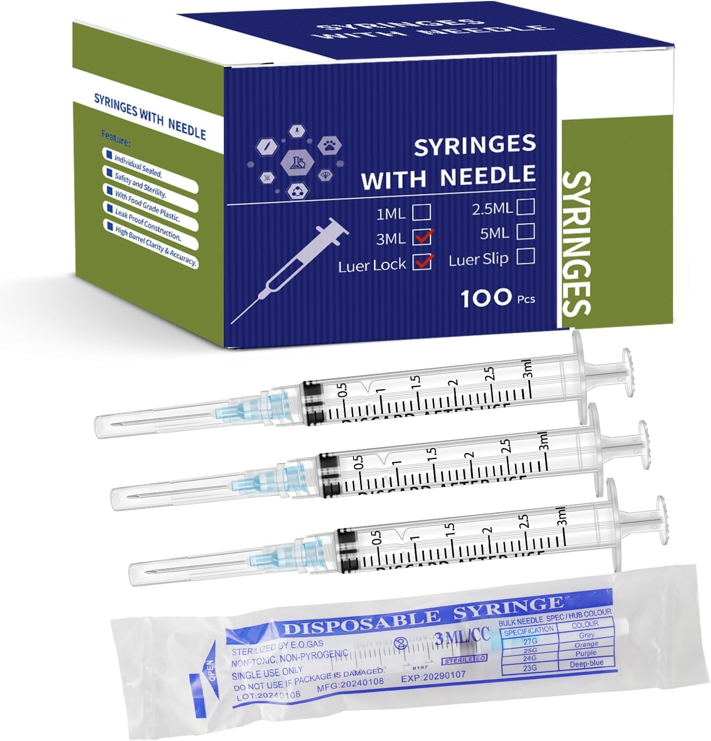 100Pack 3cc Syringe with Needle 23G 1 Inch Needle and Syringe,Safety Individually Wrapped,Luer Lock Syringes