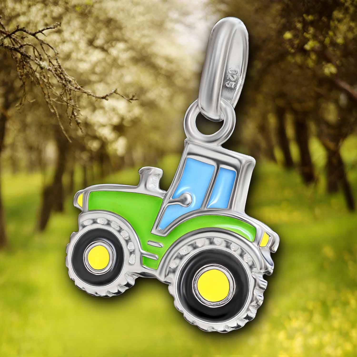 CLEVER SCHMUCK Ensemble pendentif tracteur en argent 925 pour enfant 10 x 11 mm laqué multicolore avec chaîne gourmette de 40 cm en argent sterling 925 dans un étui crème