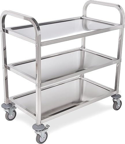 Carrito de servicio Carlisle, acero inoxidable, 3 estantes, capacidad de 400 libras, L, Acero inoxidable, 1