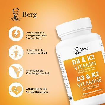Berg Vitamin D3 K2 with MCT - High Dose with 2000 IU Vitamin D3 & 50 µg MK7 Vitamin K2 - 120 Capsules - 8 Month Supply
