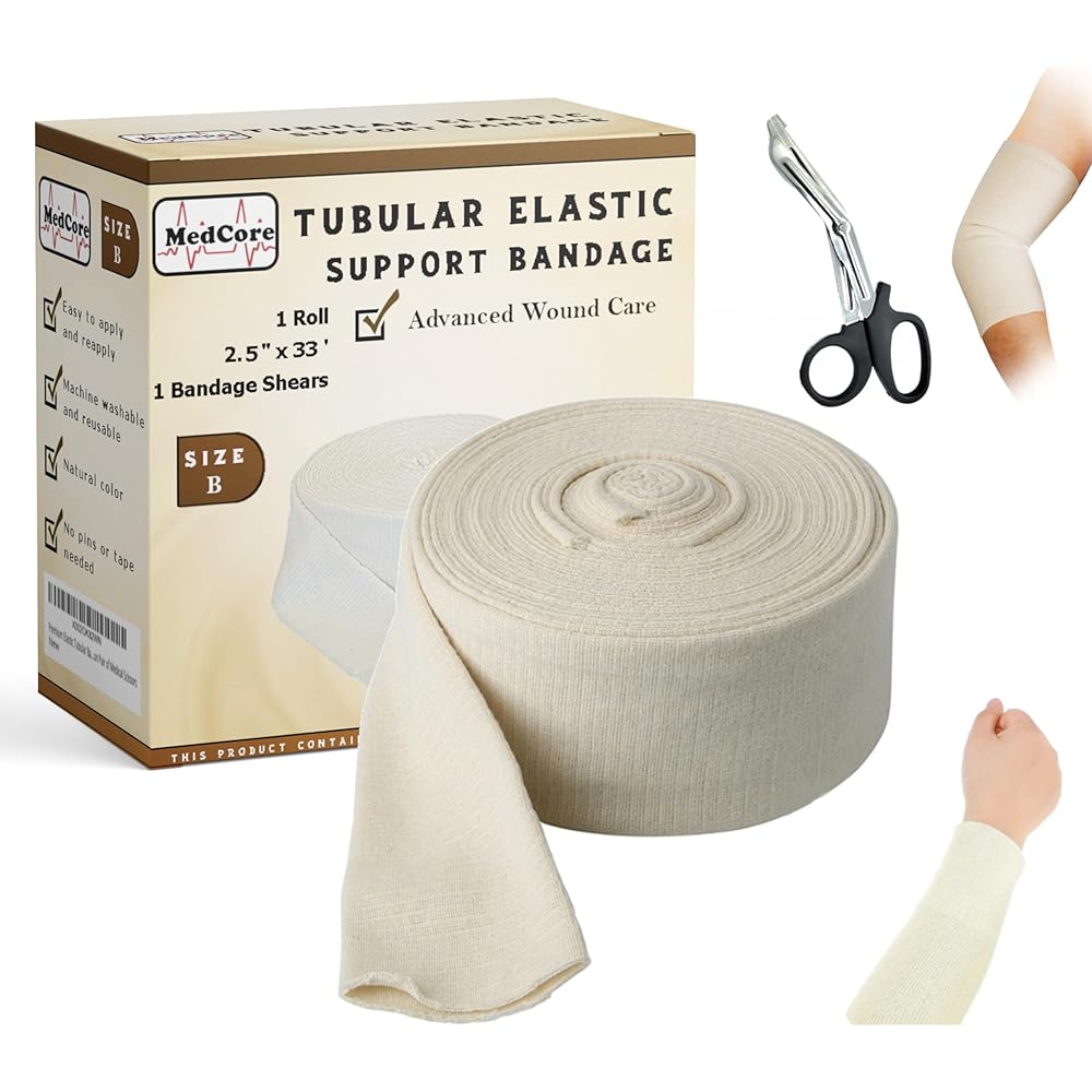 Premium Elastic Tubular Compression Medical Bandage Size B Stockinette, 2.5 inches x 33 Feet. Reusable Elastic Bandage Sleeve Wraps Plus One Pair of Medical Scissors