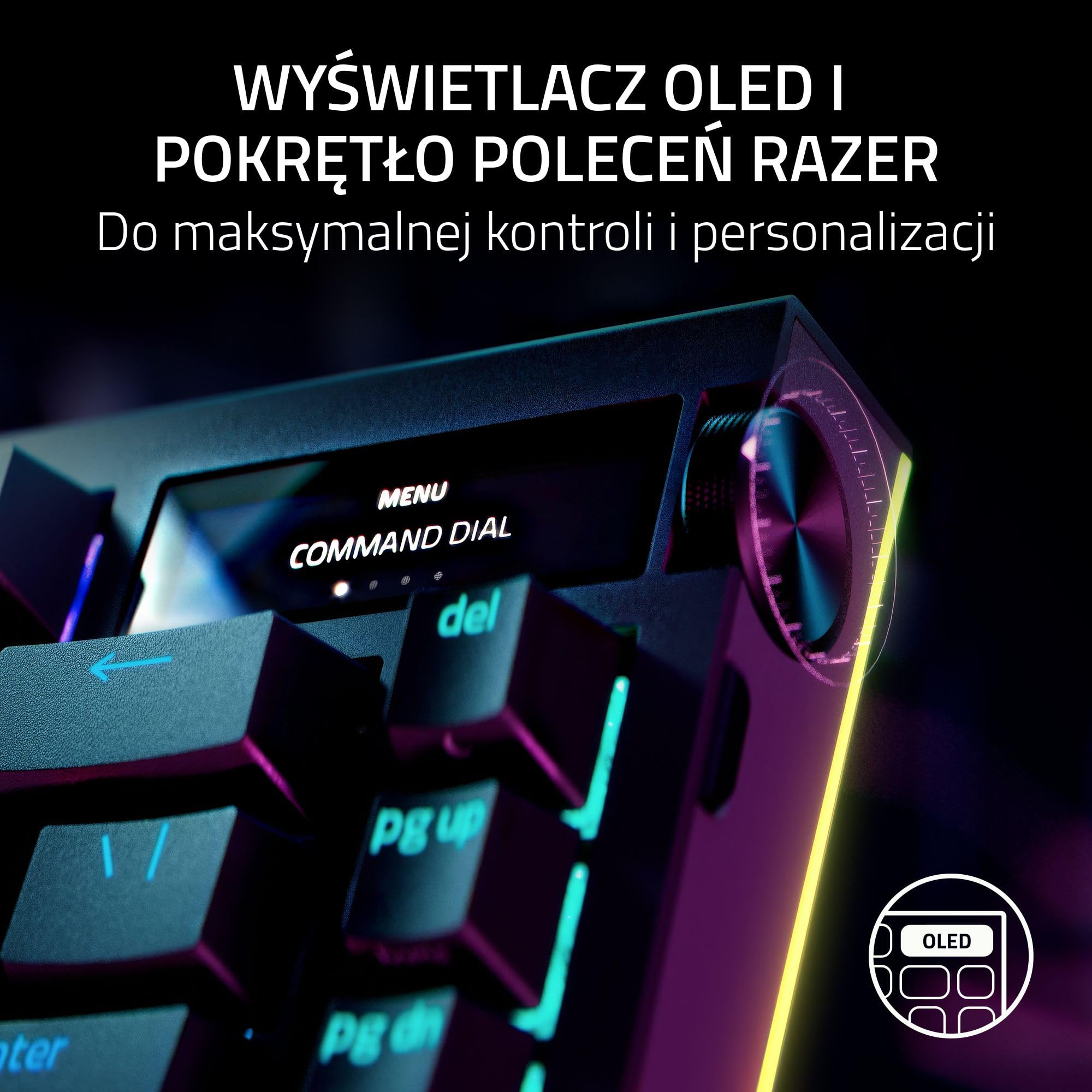Razer BlackWidow V4 Pro 75% - Bezprzewodowa klawiatura do gier z możliwością wymiany podczas pracy - Wyświetlacz OLED (pokrętło poleceń, łączność 4K Hz i Bluetooth) Układ US ISO | Czarny