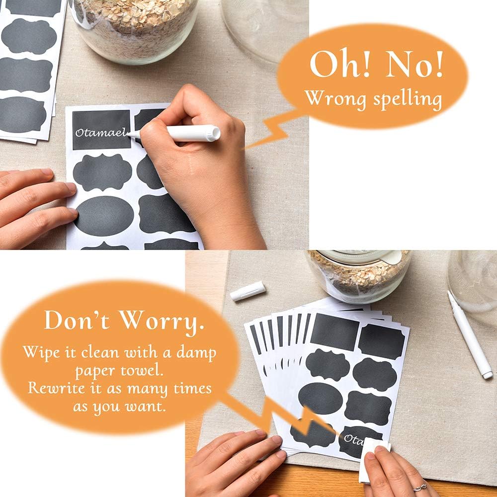 Waterproof Chalkboard Labels Stickers 128 Pack, Erasable & Removable Stickers with Free Chalk Liquid Markers, Reusable Personalized Stickers for Storage Bins Mason Jars,Party,Bottle,Pantry,Office,Food