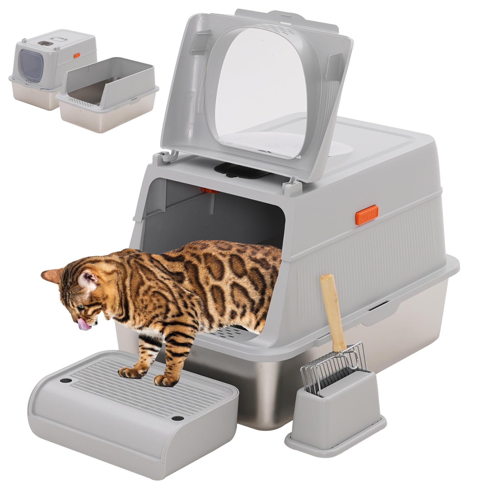 XL Enclosed Stainless Steel Litter Box, Extra Large High Sided Cat Litter Tray with Lid & Metal Litter Scoop &180° Flip Front Door, Easy to Add & Change Litter, Odour Resistant Litter Pan for Big Cats