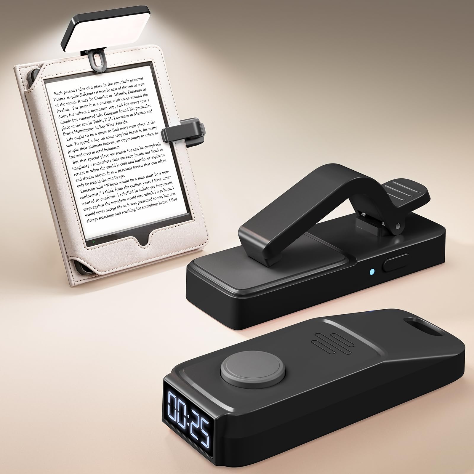 Page Turner Remote for Kindle with Reading Timer Display and Book Light Rechargeable for Kindle/ipad Reading in Bed, No Need to Remove Your Case (Black)