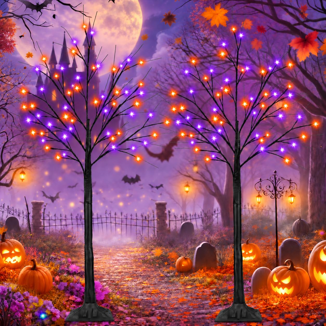 Photo 1 of BHCLIGHT 4FT Halloween Lighted Black Tree, 100 LED Orange & Purple