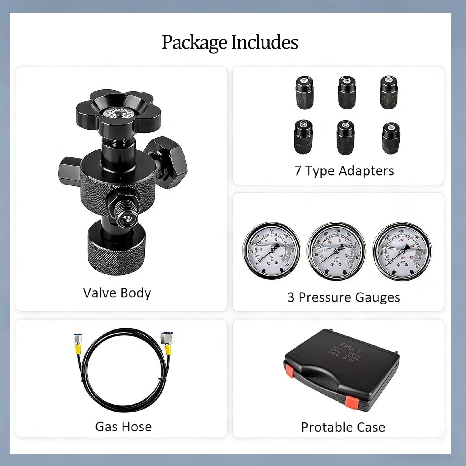 Kit De Carga Para Acumuladores HidráUlicos De NitróGeno, Kit De Prueba De PresióN HidráUlica, Sistema De Prueba De PresióN De NitróGeno Con 7 Acoplamientos Cruzados, 3 ManóMetros (100/250/400 Bar)