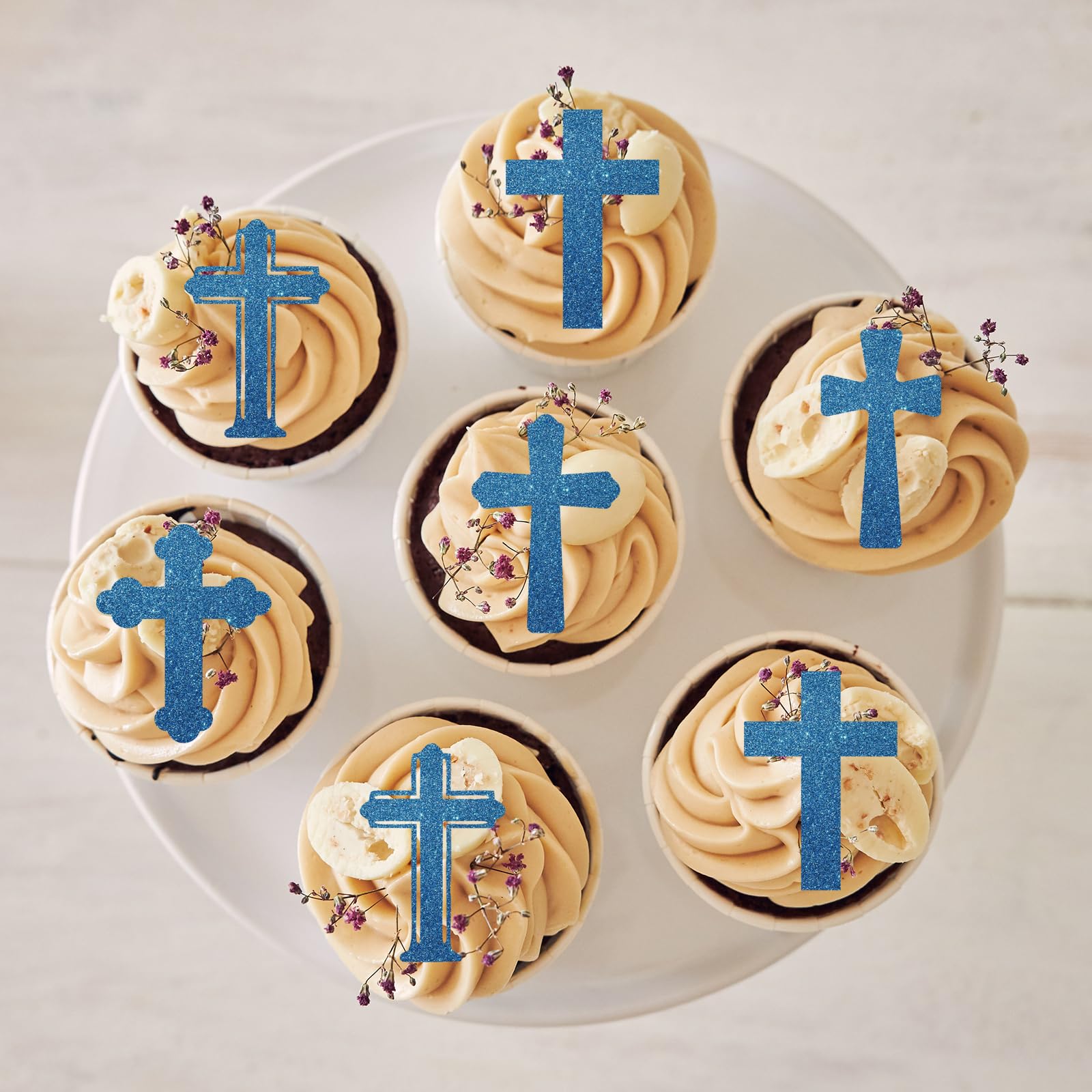 36 Stück Blaue Florale Gottessegen-Cupcake-Topper – Für Jungen-Taufe, Erstkommunion & Christliche Feiern