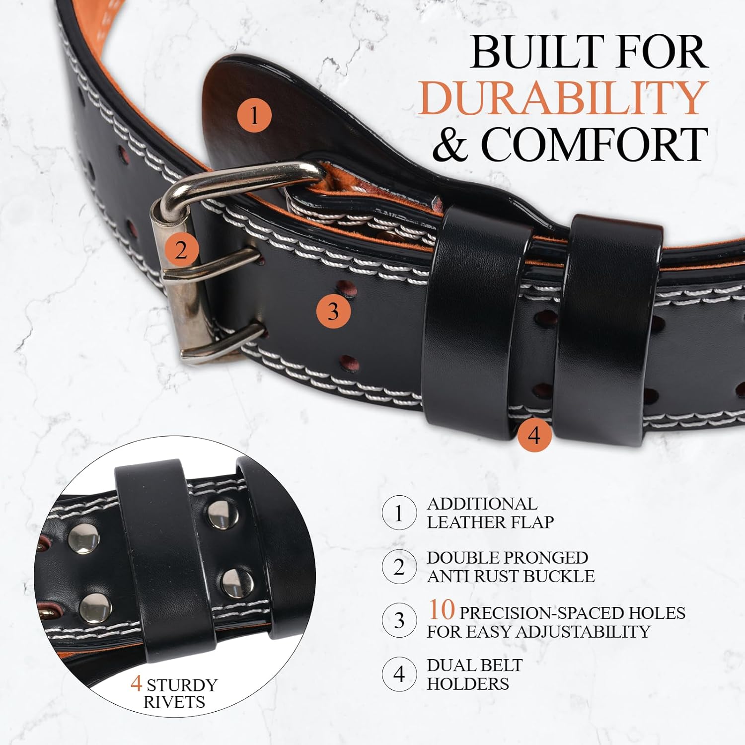 Leather Gym Fitness Belt, 4" & 6" Padded Lumbar Back Support, 10 Adjustable Holes for Weightlifting Powerlifting Bodybuilding Deadlift Squat Workout Strength Training - Image 5