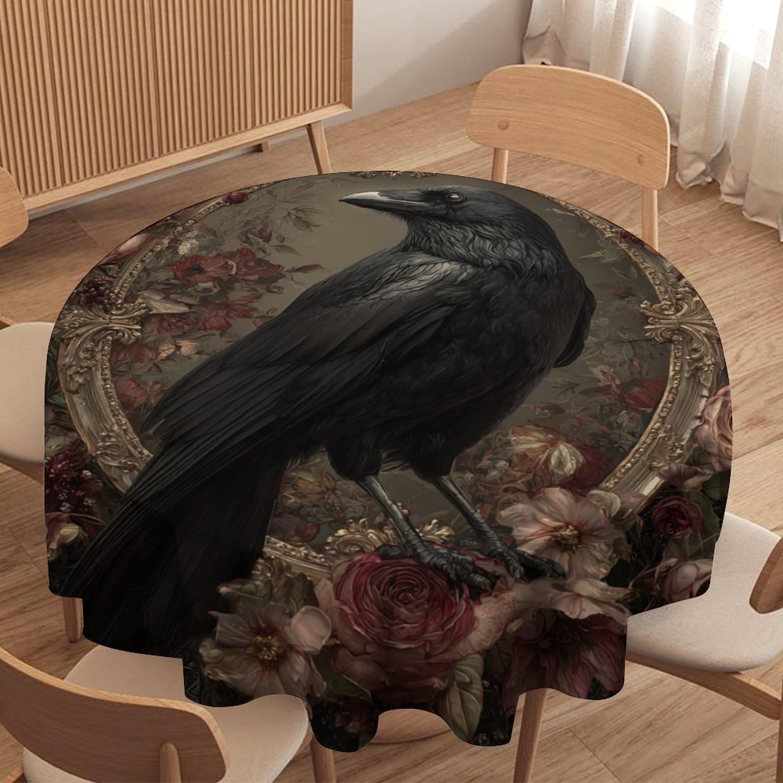 LUYYSKY Retro Classic Animal Crow Round Tablecloth Antique Gothic Plant Roses Flowers Print Washable Decor for Table Cover for Kitchen-177.8" Wx177.8 L cm