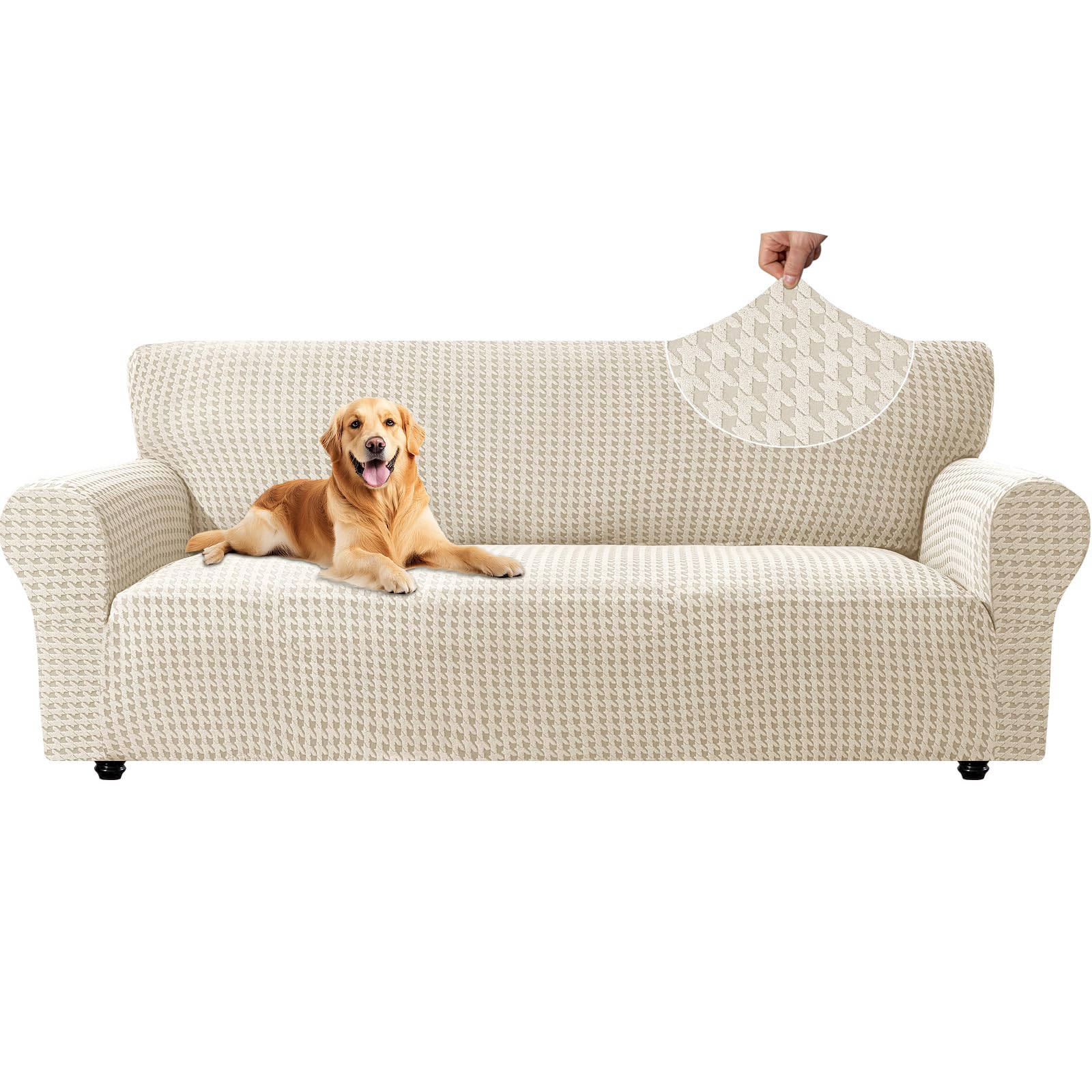 Elasticas 3-Seater Sofa Cover with Armrests, Universal Adjustable Sofa Covers, Thick, Non-Slip, Anti-Scratch, Stain-Resistant, Comfort Soft, Beige Global Recycled Standard Global Recycled Standard Global Recycled Standard