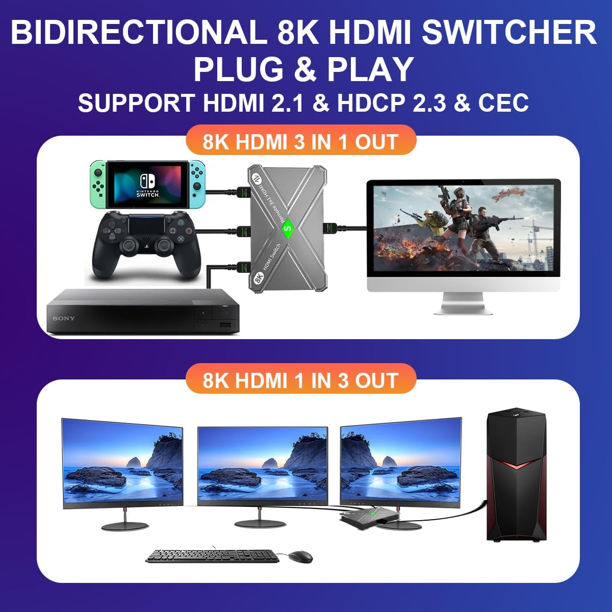 8K HDMI 2.1 Bi-Directional Switch 3x1 & 1x3 | 8K@60Hz 4K@120Hz HDR10+ Dolby Vision | for Xbox/PS5/Apple TV/Home Theater