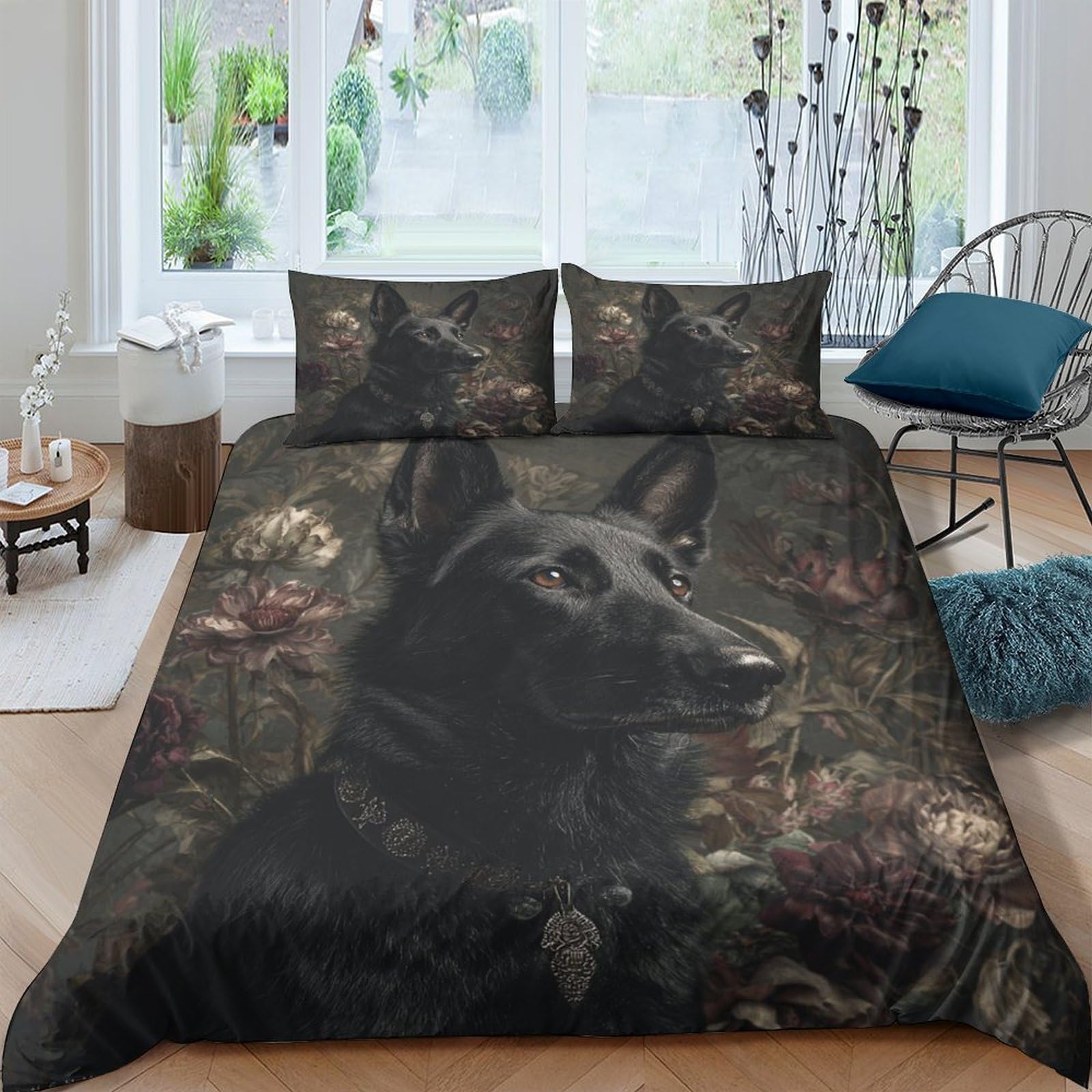 Ctjqhvkz Style-1 3D Printed Black German Shepherd Fitted Sheet Microfiber Soft Floral Bed Cover For Bedroom Guest Room Decor Single（135X200cm）