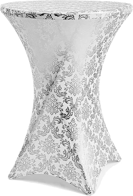 ANMINY Cocktail Table Covers Bronzing Gold Flower Print Removable Washable Spandex Stretch Decorative Fitted Tablecloth for 24x43 Inch Highboy Four-Way Round Bar Banquet Tables - Silver Flower