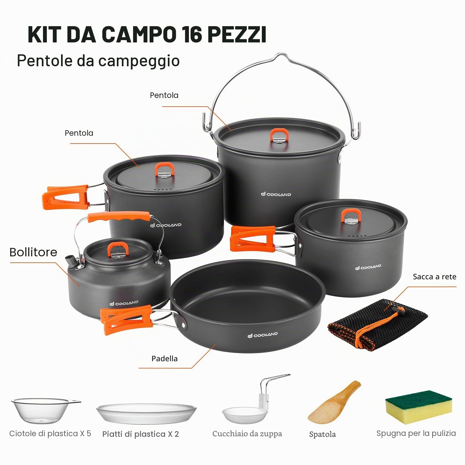 Odoland Set di Pentole da Campeggio 18 Pezzi per 1-5 Persone, Kit di Campeggio con 3 Pentole, 1 Padella e 1 Bollitore, per Campeggio Trekking Escursioni Viaggio Cucina Outdoor e Picnic