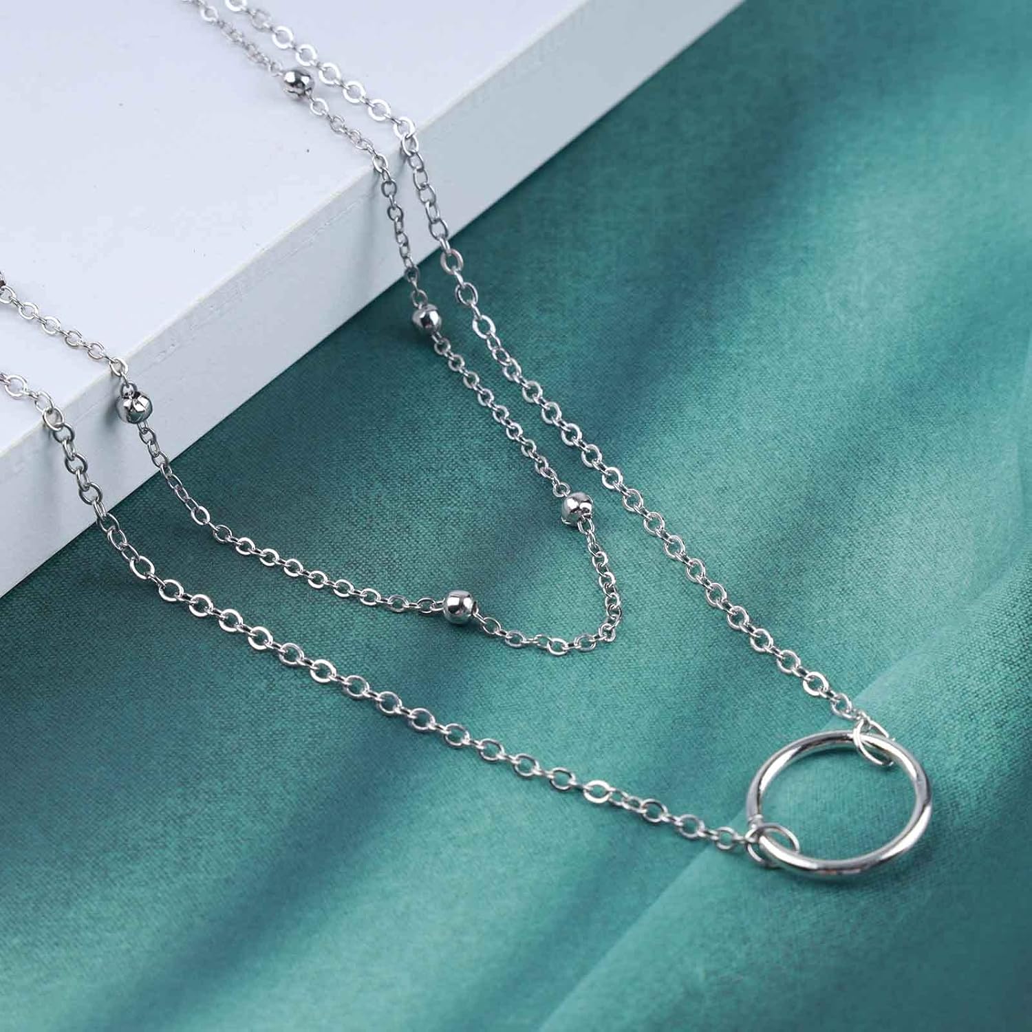 YienDoo Boho Layered Circle Choker Necklace Silver Tiny Beaded Choker Hollow Disc Pendant Necklace Layered Hoop Necklace Charm Statement Necklace Jewelry for Women - Image 5