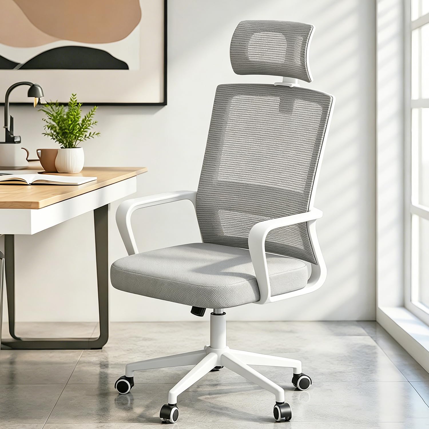 naspaluro Sedia da Ufficio Ergonomica con Supporto Lombare, Poltrona da Ufficio in Rete Traspirante, Regolabile in Altezza di 10 cm, Grigio