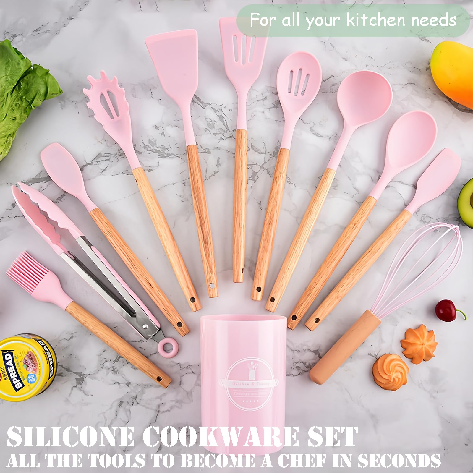 YJPPDD Silicon Cooking Utensils Set for Kitchen,446°F Heat Resistant 12 pcs Non-Stick Cooking Set with Wooden Handle Spatula Turner Spoon Tongs Whisk, BPA Free Kitchen Utensils Spatula Set