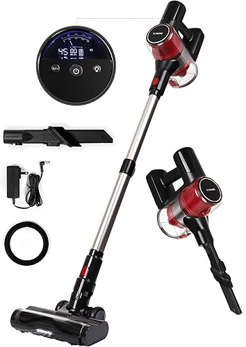 Flysums Aspiradora de palo, aspiradora inalámbrica con potente succión, aspiradora recargable con pantalla LED, 45 minutos de tiempo de