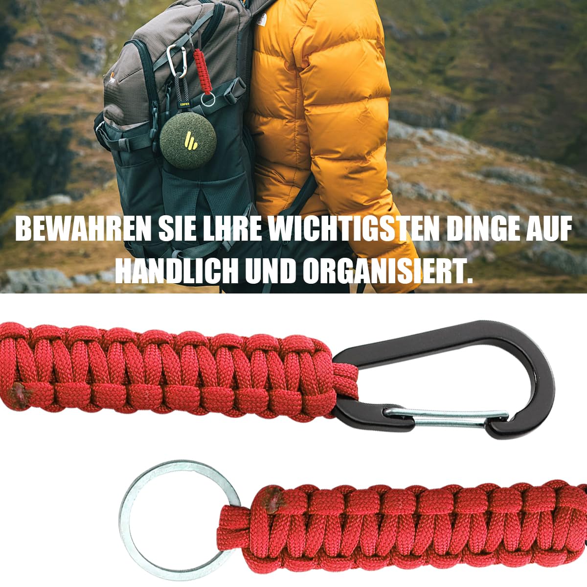 Portachiavi In Paracord 2 Pezzi Con Moschettone - Nero E Rosso Per Campeggio E Sopravvivenza - Foto 3