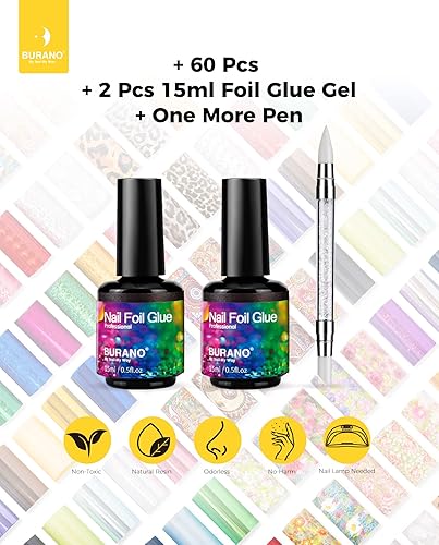 Miniatura 6 de BURANO Gel de pegamento para arte de uñas, 0.5 onzas líquidas, 2 botellas con 60 calcomanías de láminas, diseño de uñas, arte de transferencia