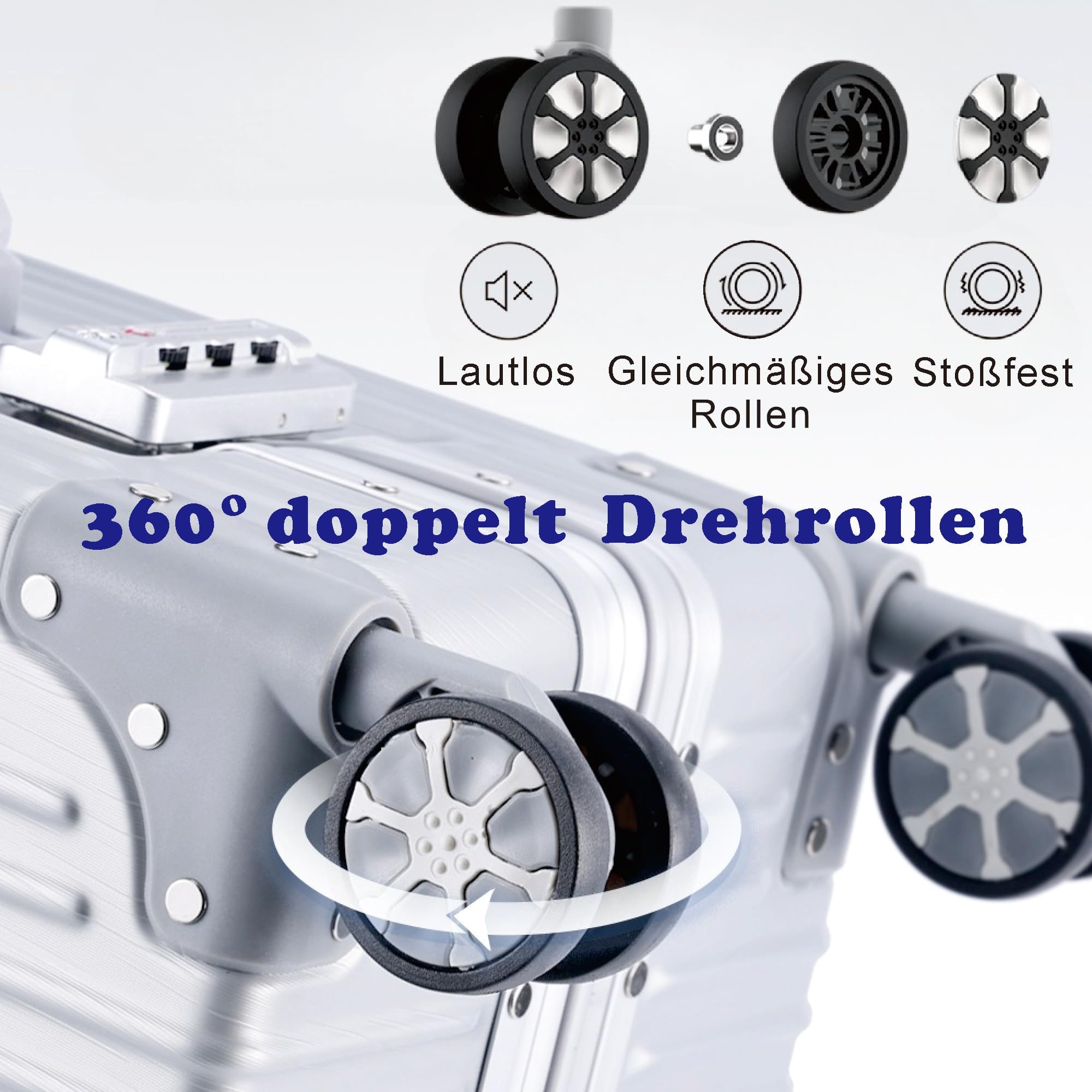 Aoliwei Aluminiumrahmen Koffer S 55cm Handgepäck Hartschalen-Trolley Metall-Optik 35L Business Reisekoffer TSA 4 Rollen Silber