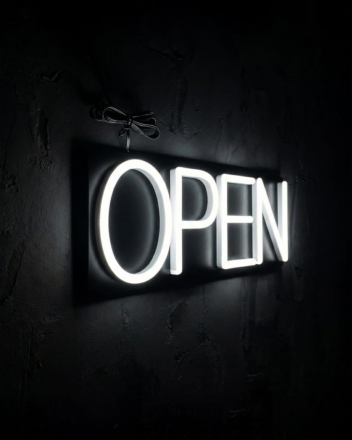 HiNeon White Neon Open Sign 20inx7in LED Light w/Remote Controller, Electric Light Up Open Sign for Business Store, w/Hanging Chain for Shop Windows, Direct Plug-In w/ 12V Power Adapter
