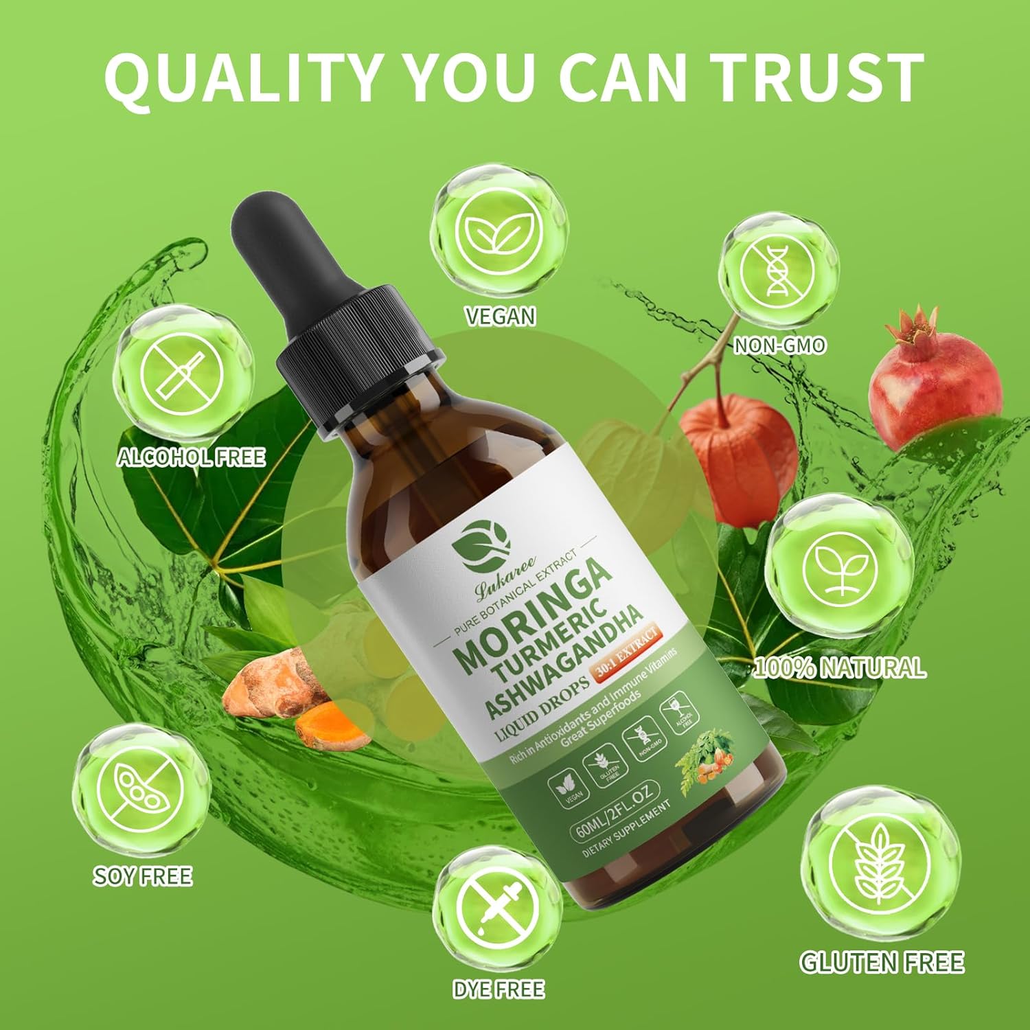 12-in-1 Organic Moringa Drops with Ashwagandha Turmeric Quercetin, Lipsomal 98% Absorption & 30:1 Extract for Energy Immune Joint Digestive Metabolism, Vegan Non-GMO, More Potency Than Moringa Powder