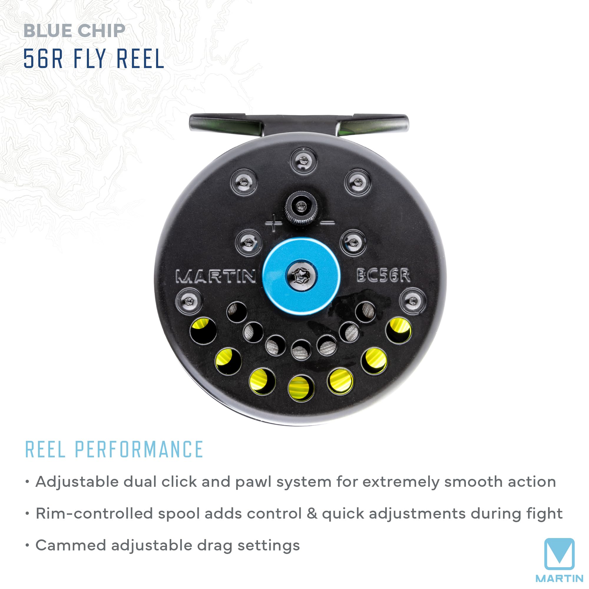 Martin Blue Chip 56R Fly Reel, 3 to 5-Weight, CNC Machined Aluminum Frame, Dual Click and Pawl System, 20 Pound-Test Backing, Black : Sports & Outdoors