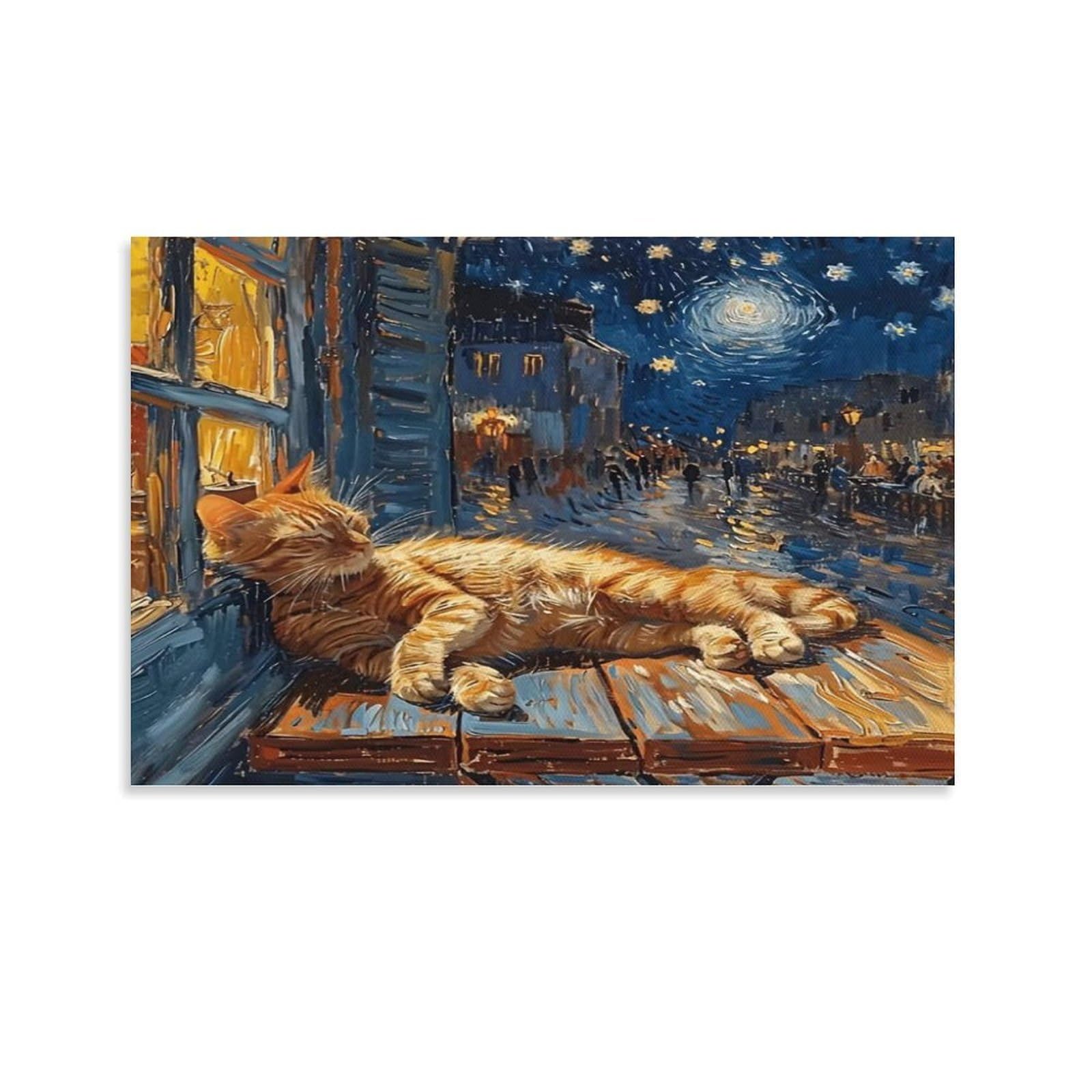 CPLVKWRQJ Snowy Mountain Cat Resting on Ice Single Piece Ginger Cat Napping Starry Night Window Canvas Artwork - Kitchen Removable Wall Art Multi-Purpose Ready to Hang Decor 16x24inch(40x60cm)