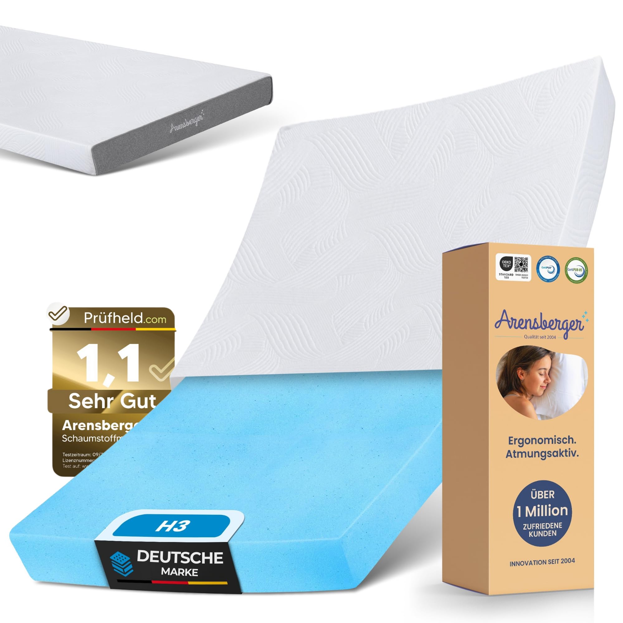 Arensberger Matratze LINA 90x190cm Höhe 11cm | NANOCELL® Gel-Schaum | Mittelfest H3 | Premium-Bezug 240g/m² | 60°C waschbar | Kaltschaum-Matratze 90x190 | Note 1,1 | Öko-Tex Zertifiziert