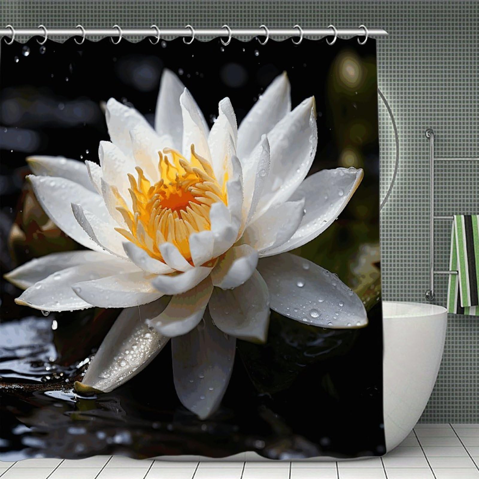FekiLoot White Lotus Shower Curtain Thick Weighted Shower Curtain Classic Unique Bath Curtains Heavy Duty Long Showers Curtains for Bathroom Bath Tubs Machine Wash 70.8"x70.8"
