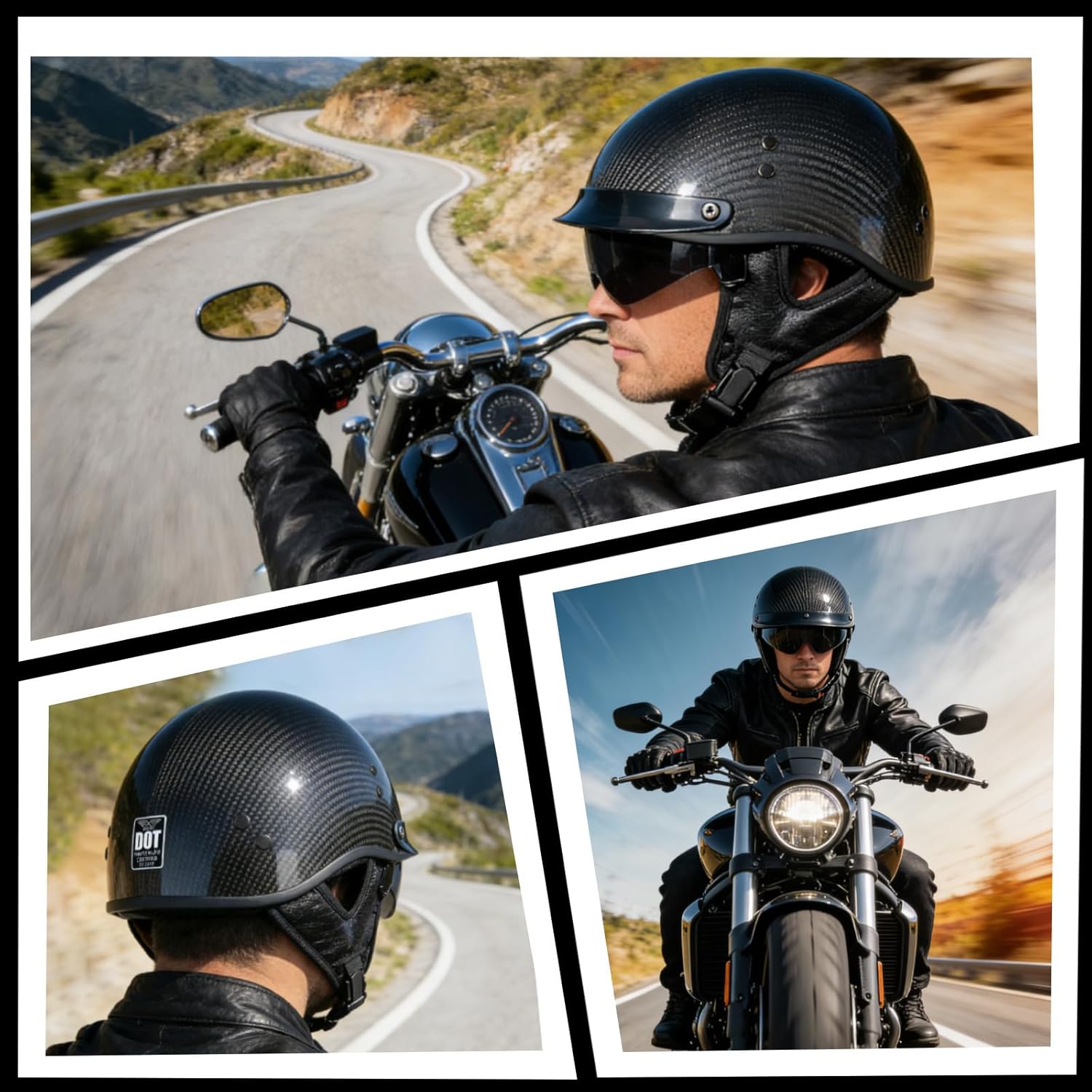 VCOROS Carbon Fiber Open Face Retro Motorcycle Helmets Men Women Half Face Helmets for Motorbike Cruiser Chopper Moped Scooter ATV (Gloss Black, XXL)