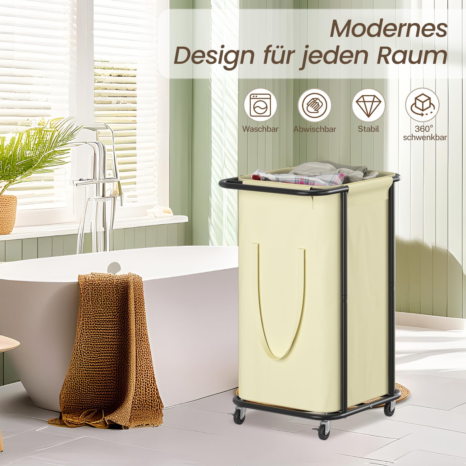 LASZOLA - Cesta grande para ropa sucia con ruedas, 120 L, con bolsa de lona extraíble, carrito de lavandería moderno de metal resistente para baño, lavandería, dormitorio, beige