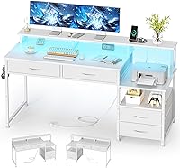 MUTUN 53" Reversible Computer Desk with 4 Drawers, Power Outlets, LED Lights, Monitor & Printer Stand - Home Office Gaming Desk (White)