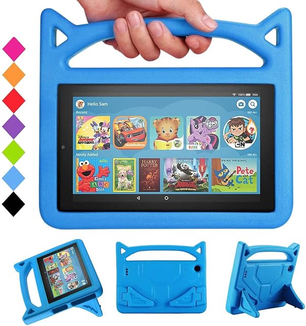 DJ&RPPQ Kids Case for All-New,All-New 7 Tablet(2019 & 2017 & 2015) Release, Light Weight Shock Proof Kids Friendly Handle Stand Case - blue