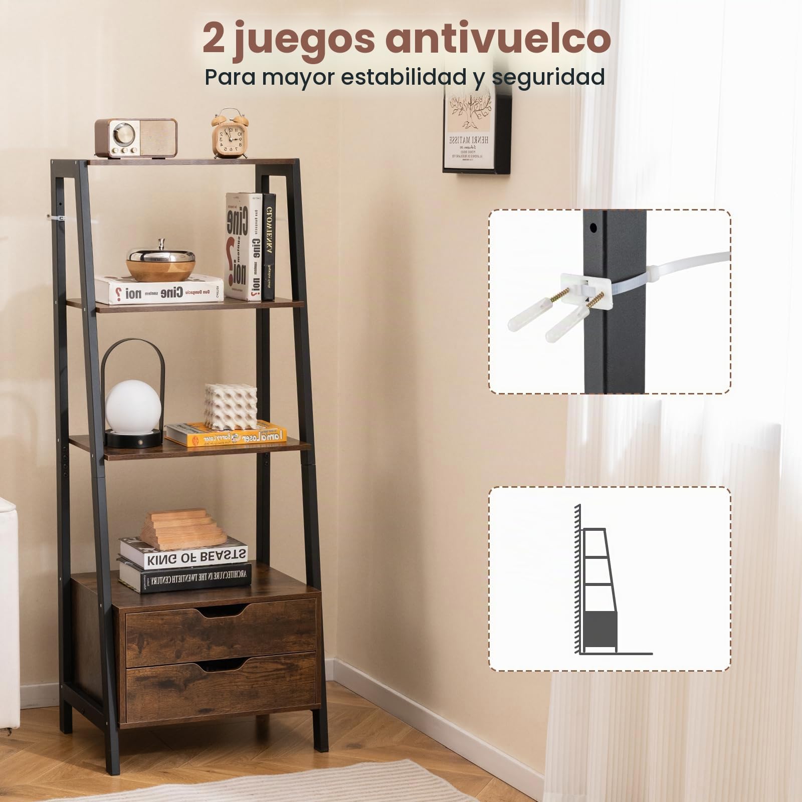 HOMASIS Librería Escalera de Madera con Patas, Estantería Mural con 2 Cajones, Mueble de Almacenamiento con Estantes Escalonados para Dormitorio, Salón, Despacho, 52 x 40 x 134 cm (Marrón)