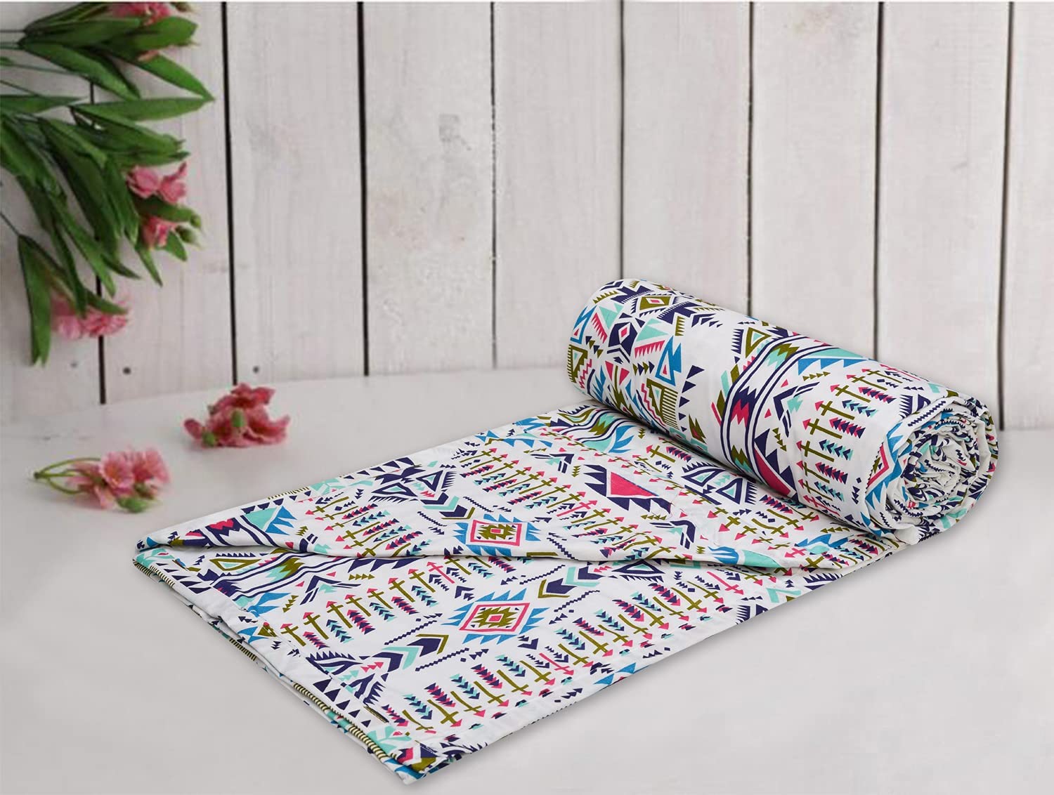 Trance Home Linen Premium 100% Cotton Dohar for Single Bed | 150 GSM | Reversible Ac Comforter | Light Weight All Season Soft Blanket (58x90 Inches | Aztec Sea Blue)