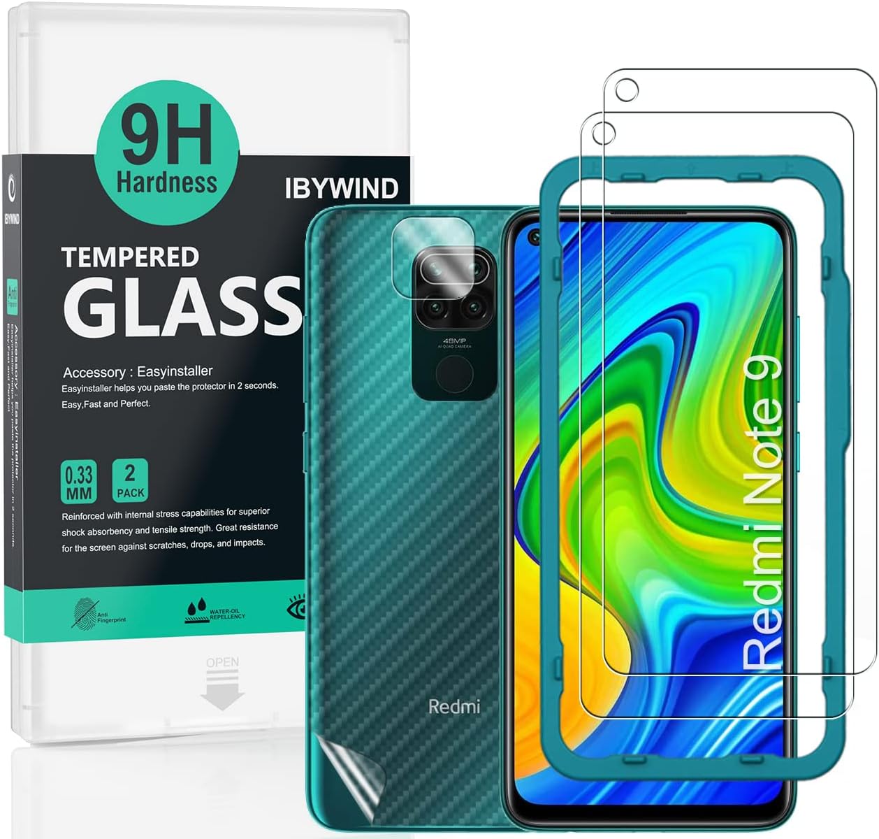 Ibywind Screen Protector For Redmi Note 9,with 2Pcs Tempered Glass,1Pc Camera Lens Protector,1Pc Backing Carbon Fiber Film [Fingerprint Reader,Easy to install]